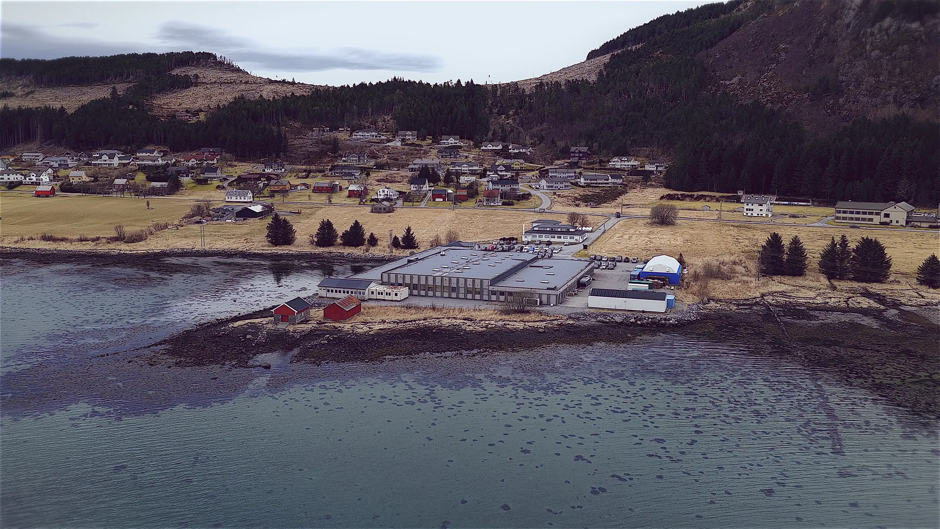 Aerial view of an industrial building by the fjord, with village houses and a forested hillside behind.